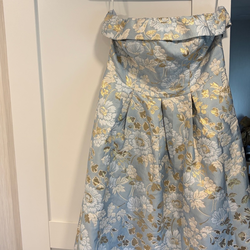 Strapless Gold Floral Brocade Midi Dress in Baby Blue